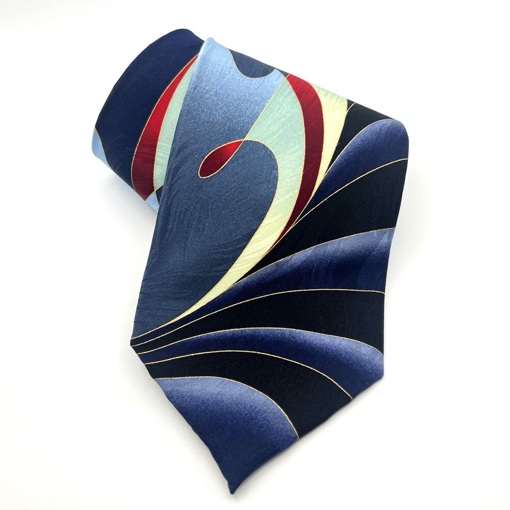 Di Moggio Men's 60"x4" Hand Made Silk Tie Blue Black Red Abstract Tie